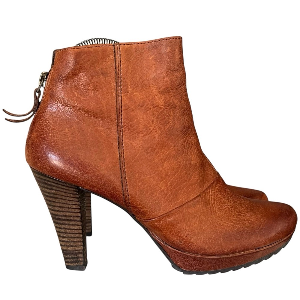 Paul Green Munich Women‎ Ankle Boots Brown Leather Chunky Heel Side Zip Size 6